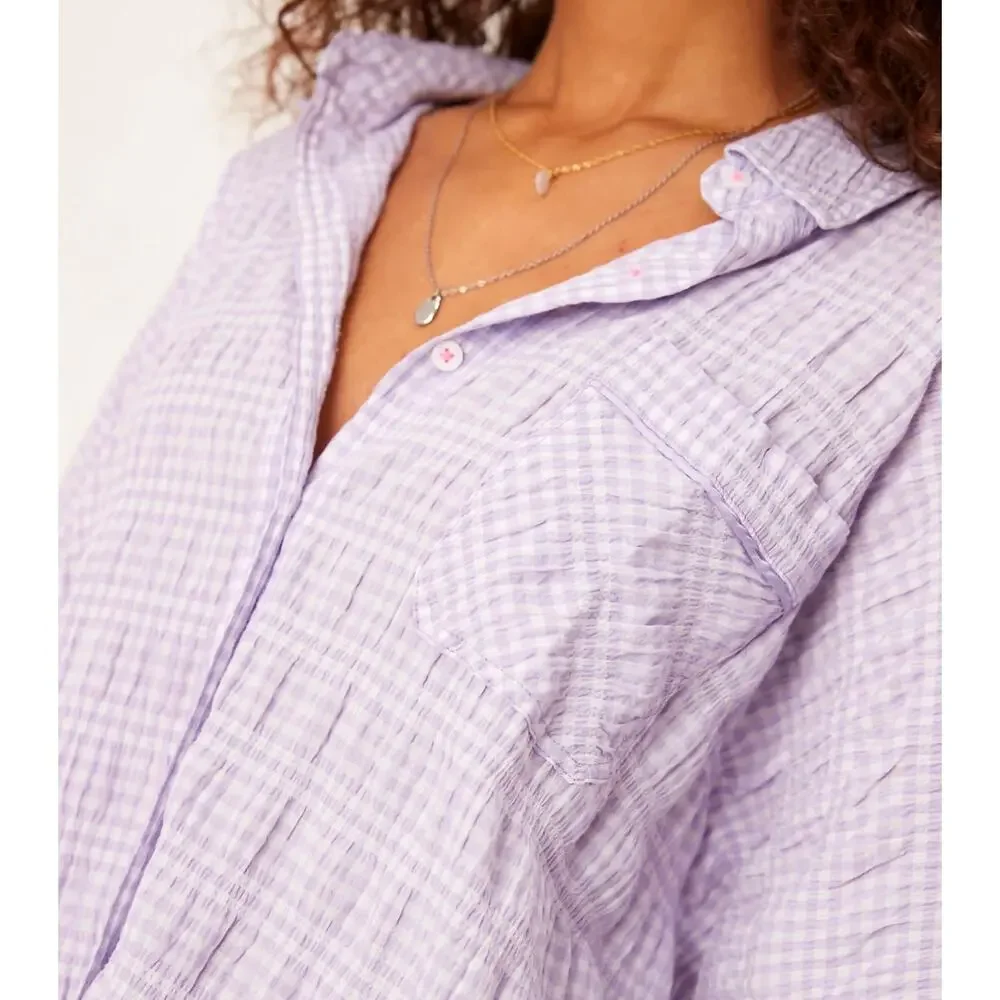 Free People Textured Pajama Shirt Mini Dress Loungewear in Lilac Medium